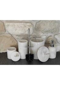 Resim Beyaz Mermer Gümüş Zeytin Dalı Aksesuarlı 4'lü Banyo Seti Beyaz 
