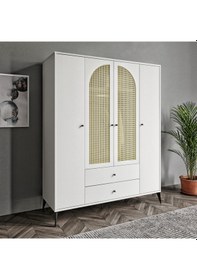 Resim Merlin Mobilya Diamond 4 Kapaklı Çift Hazeranlı Beyaz Dolap 
