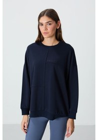 Resim Tommy Life İndigo Kompakt Pamuklu Kalın Pürüzsüz Dokulu O Yaka Oversize Fit Kadın Sweatshirt - 97288 İndigo 