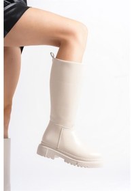 Resim Kadın Kimbel Krem Fermuarlı Kalın Taban Dizaltı Çizme 2303 Krem 