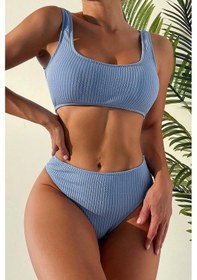 Resim Angelsin Özel Fitilli Kumaş Yüksek Bel Tankini Bikini Takım Mavi 