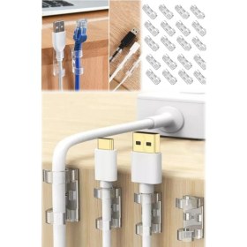 Resim Munico 20 Adet Kablo Klips Organizer Masa Duvar Yapışkanı Şeffaf Kablo Düzenleyici & Sabitleyici Yapışkanlı 