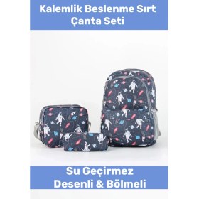 Resim Enenstyle Fermuarlı Geniş 1.kalite Su Geçirmez Desenli Bölmeli Üçlü Okul Kalemlik Beslenme Sırt Çanta Seti 