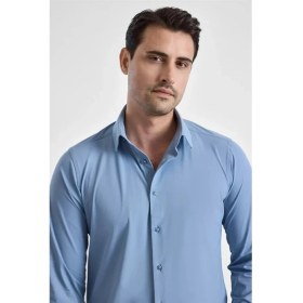 Resim Süvari Buz Mavi Slim Klasik Yaka Düz Casual Gömlek 