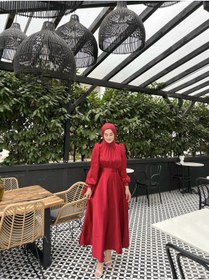 Resim KADNER Lia Bordo Önü Büzgülü Şanel Saten Kumaş Lüks Tesettür Abiye Elbise 