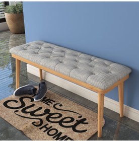 Resim Rani Mobilya Rani Ek101 Bench Mutfak Antre Yatak Odası Puf Ceviz Ayak - Krem Kahve Kazayağı Desenli 115x50 Cm 