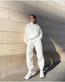 Resim Unisex Kapüşonlu Ikili Eşofman Takımı Beyaz-6985 