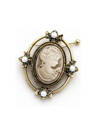 Resim Vintage Cameo Kadın Figürlü Metal Broş İnci Detaylı Antik Gold Çerçeve Tasarım Açık Gri 