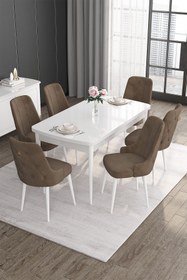 Resim Canisa Noa Serisi 80x132 Açılabilir Mdf Beyaz Masa Takımı Ve Gold Halkalı 6 Kahverengi Sandalye 