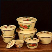 Resim Kapaklı Vintage Emaye Kase Seti - Nostaljik Çiçek Deseni, Çizilmeye Karşı Dayanıklı, Dolma, Makarna, Karıştırma ve Baharat Yapmak İçin İdeal | Vintage Mutfak Eşyaları | Dekoratif Sap, Retro Emaye Tasarımı 