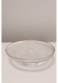 Resim Ayaklı Cam Pasta Standı Gold Yaldızlı Servis Sunum Tabağı - Kek Standı - Sunumluk 