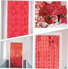 Resim Ekstra Metalize Kırmızı Renk Disko Dikdörtgen Kesim Kapı Perdesi Dekorasyon 1x2 Metre 