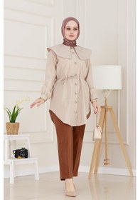 Resim Sevitli Beli Bağcık Detaylı Geniş Yaka Tunik-vizon-4987 Vizon 
