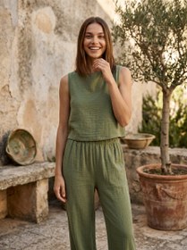 Resim Bol Paça Pantolon & Üst Takım | %100 Pamuk Çift Kat Müslin - Kahverengi / S / S-M 