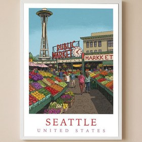 Resim Seattle USA - Pike Place Market Space Needle Wall Art Print - Wooden Frame - White / 8,3 x 11,7" (21x30) 