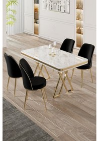 Resim Canisa Vals Serisi 80x130 Lak Panel Beyaz Mermer Desen Masa Takımı Gold Ayaklı 4 Siyah Sandalye Beyaz Mermer Desen Masa Sandalyeler Siyah 