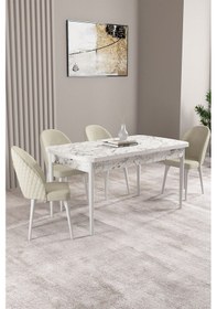 Resim Milas Beyaz Mermer Desen 80x132 Mdf Açılabilir Yemek Masası Takımı 4 Adet Sandalye Krem 