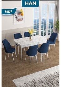 Resim Canisa Han Serisi, 70x114 Açılabilir Mdf Masa Takımı, Beyaz Mermer Desen Masa Ve 6 Lacivert Sandalye Masa Beyaz Mermer Sandalyeler Lacivert 