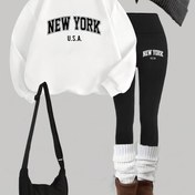 Resim 11.5 Talisman Etkili Moda Kadın Kalın İçlikli Yuvarlak Yaka Sweatshirt + Pantolon İkili Takım 