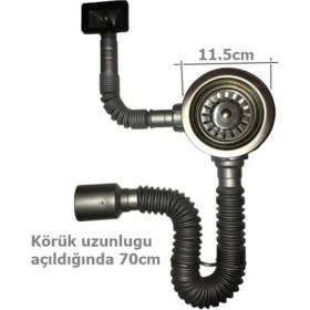Resim Akkon Lüks Çöpmak Yandan Taşmalı Körüklü Evye Lavabo Sifonu Gri + 1 Yedek Ekstra Süzgeç 