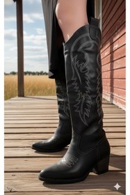 Resim Afilli Afili Kadın Siyah Sivri Burun Diz Alti Kalın Topuklu Bağcıksız Sexy Western Kovboy Çizme Bot 