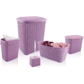 Resim LTG Nova 5 Parça Örgü Desenli Plastik Banyo Seti Çamaşır Sepeti Deterjanlık Kovası Klozet Fırçası - Mor 