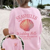 Resim Kadınlar için Rahat Yaka T-Shirt, 2025 Bahar Yaz Yeni Gelen, Deniz Kabukları ve Düğün Çanları Miami Plajı Baskısı, Moda Büyük Boy Kısa Kollu Tee, Tüm Mevsimler İçin 