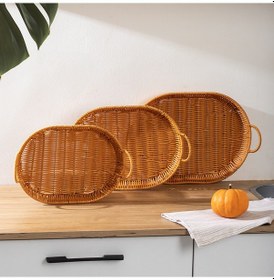 Resim Porsima 708d Oval 3'lü Hasır Tepsi Dekoratif Sunum Servis Tepsisi 