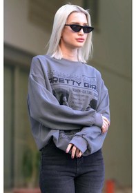 Resim Madmext Füme Baskılı Oversize Kadın Sweatshirt Mg1923 Füme 