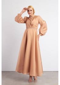 Resim Livanomi Beli Taşlı Gold Tesettür Abiye Elbise Altın 