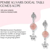 Resim OSMANLI DOĞAL TAŞ Pembe Kuvars Doğal Taşlı 925 Ayar Gümüş Küpe Papatya Motifli 