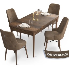 Resim Canisa Concept Taç Serisi 80 x 132 cm Barok Ahşap Desen Mutfak Masası Takımı 4 Sandalye Gümüş Halkalı 