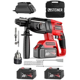 Resim Steiner 88V 5Ah Çift Akülü Darbeli Kırıcı Delici Matkap Kırmızı + Mandren + 5 Parça Uç 