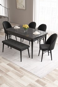 Resim Canisa Roz Serisi 80x132 Mdf Siyah Mermer Desen Masa Takımı 4 Siyah Sandalye Ve 1 Bench 