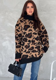 Resim FEMELLE Kadın Leopar Desen Standart Beden Oversize Boğazlı Triko Kazak 