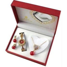 Resim Hanyang Kırmızı Set Moda Kadın Kuvars Saatler Set Bayanlar Bilezik Izle Lüks Elmas Inci Kolye Küpe Noel Sevgililer Günü Hediye Seti (Yurt Dışından) 