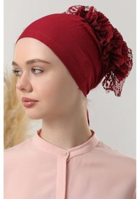 Resim Melodi Scarf Tesettür Fırfırlı Bone Bordo Bordo 