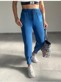 Resim Tua Moda Kadın Uzun Kol V Yaka Kapüşon Detay Sweat Ve Yüksel Bel Eşofman Ikili Takım Mavi 