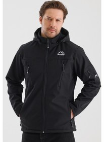 Resim Çıkartılabilen Fermuarlı Kapüşon Cepli İçi Polarlı Su Geçirmez Softshell Erkek Mont Siyah Siyah 