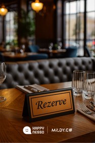 Resim Happynesso Masa Yazısı Serisinden SİYAH Pleksi Üstü ÇİFT Yön BRONZ Metal "REZERVE" Yazısı - 100 mm X 50 mm 