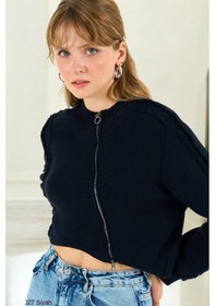 Resim Kadın Siyah Püskül Detaylı Premium Crop Hırka 