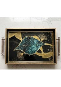 Resim Ginkgo Yaprağı Desenli Dekoratif Tepsi & Siyah Gold Çerceveli Kulplu Çay Kahve Sunum Tepsisi 
