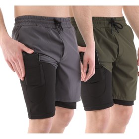 Resim Ghassy Co Erkek 2'li Paket Running Hızlı Kuruma Micropoly Antrenman Fitness Kısa Taytlı Spor Şort 