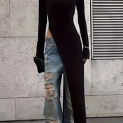 Resim Kadınların Seksi Yüksek Yarık Uzun Kollu Crop Top - Asimetrik Etek, Esnek Katı Siyah Uzun Gömlek, Bahar/Sonbahar, Günlük Partiye Giyim, Yüksek Bel Kotlar, Yüksek Bel Kotlar Kıyafeti, Sonbahar Modası, Şık Fit, Pürüzsüz Dokulu 