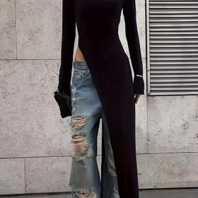 Resim Kadınların Seksi Yüksek Yarık Uzun Kollu Crop Top - Asimetrik Etek, Esnek Katı Siyah Uzun Gömlek, Bahar/Sonbahar, Günlük Partiye Giyim, Yüksek Bel Kotlar, Yüksek Bel Kotlar Kıyafeti, Sonbahar Modası, Şık Fit, Pürüzsüz Dokulu 