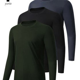 Resim Erkekler için 3'lü Paket Atletik Uzun Kollu Crew Neck T-Shirt'ler, Hızlı Kuruyan Polyester Örgü Kumaş, Koşu, Spor Salonu, Rahat Açık Hava Aktiviteleri İçin Düz Renk Spor Üstleri - Bahar/İlkbahar/Sonbahar Koleksiyonu 