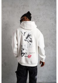 Resim Erkek Şapkalı Güvercin Baskılı Kapşonlu Sweat - Beyaz Siyah 