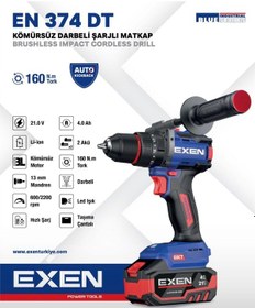 Resim Exen EN 374 DT - 21V 4Ah 160n.m Kömürsüz Darbeli Şarjlı Matkap - Çift Akü 2x4 Ah 