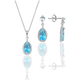 Resim Gümüş Rodyumlu Akuamarin Taşlı Damla Modeli Kolye Ve Küpe İkili Set 