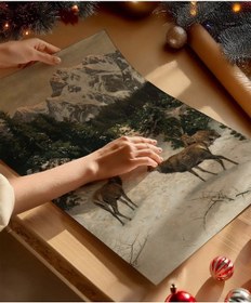 Resim Çerçevesiz Poster Karla Kaplı Dağ Geyikleri 